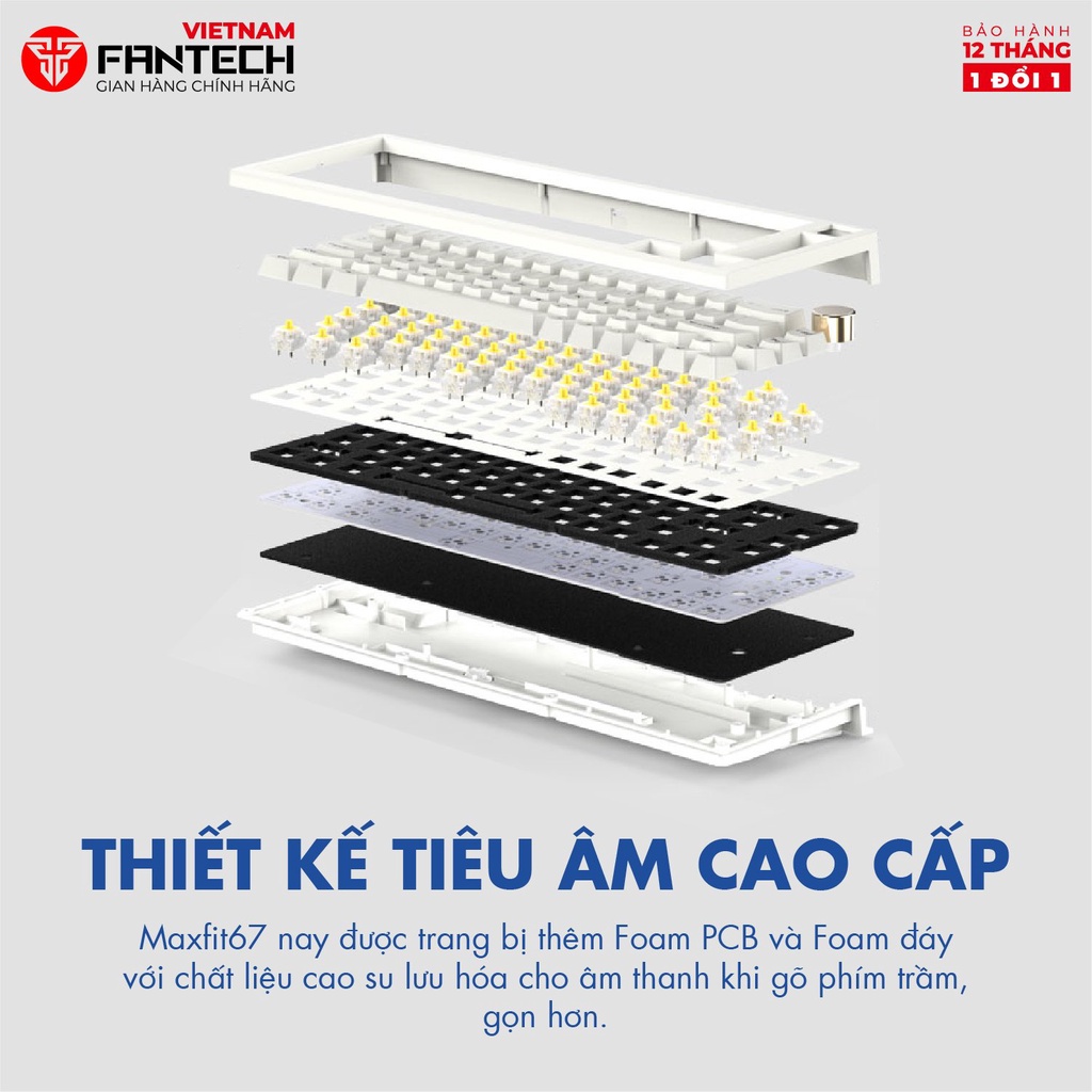 Bàn phím cơ custom FANTECH MK858 MAXFIT67 LED RGB Tháo lắp hotswap - Switch Gateron CAP milky yellow - Ảnh 4