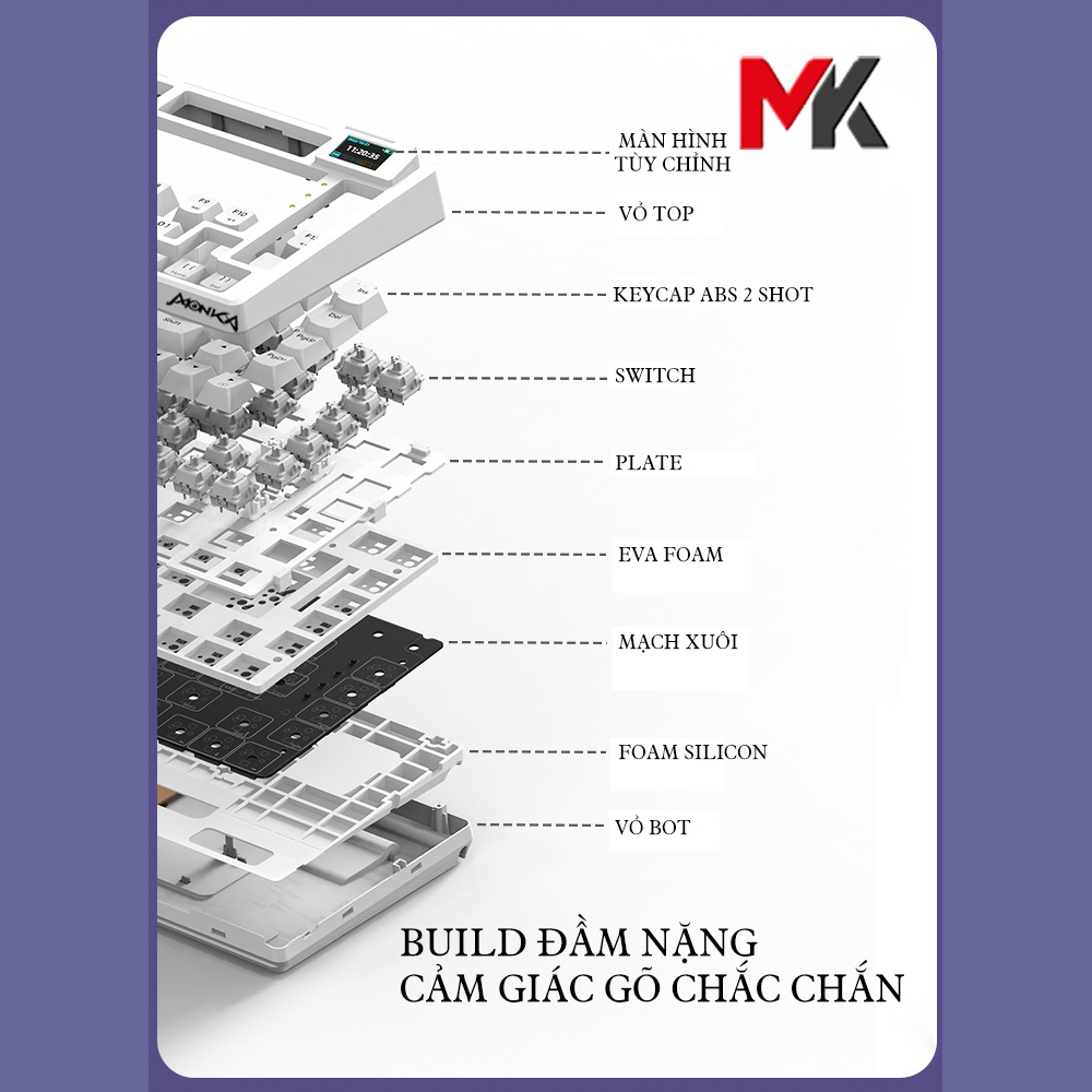 Bàn phím cơ Monka 3075 V2 Pro Màn hình Mạch Xuôi 3 chế độ kết nối Hotswap RGB - Ảnh 4