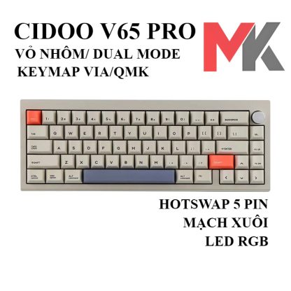 Bàn phím cơ Cidoo V65 Pro Dual Mode Mạch xuôi 5 Pin Cấu trúc Gasket Keymap phần mềm VIA Switch Cidoo Matt Grey