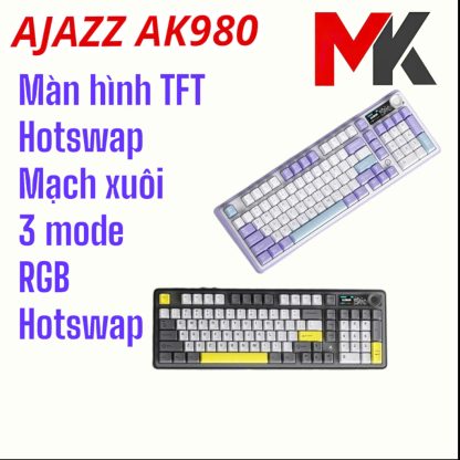 Ajazz AK980 Bàn phím cơ không dây 3 chế độ, màn hình tùy chỉnh, núm vặn, hotswap RGB
