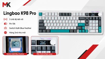 Bàn phím cơ Lingbao K98 Pro trắng xám xanh cổ vịt layout 98% với màn hình và núm xoay góc phải