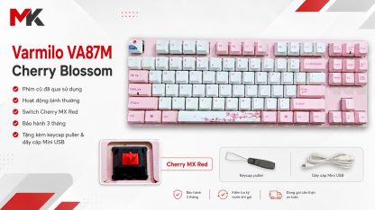 Bàn phím cơ Varmilo VA87M Cherry Blossom màu hồng trắng, layout TKL, keycap in hình hoa anh đào