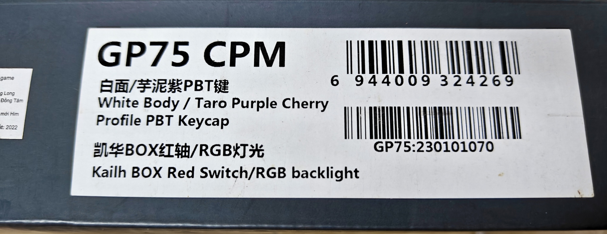 Bàn Phím Cơ FL Esports GP75 Taro Purple (Like New Fullbox) - Kailh Box Red | MKShop 8 Cận cảnh tem trên hộp GP75 ghi thông số keycap PBT Taro Purple và switch Kailh BOX Red