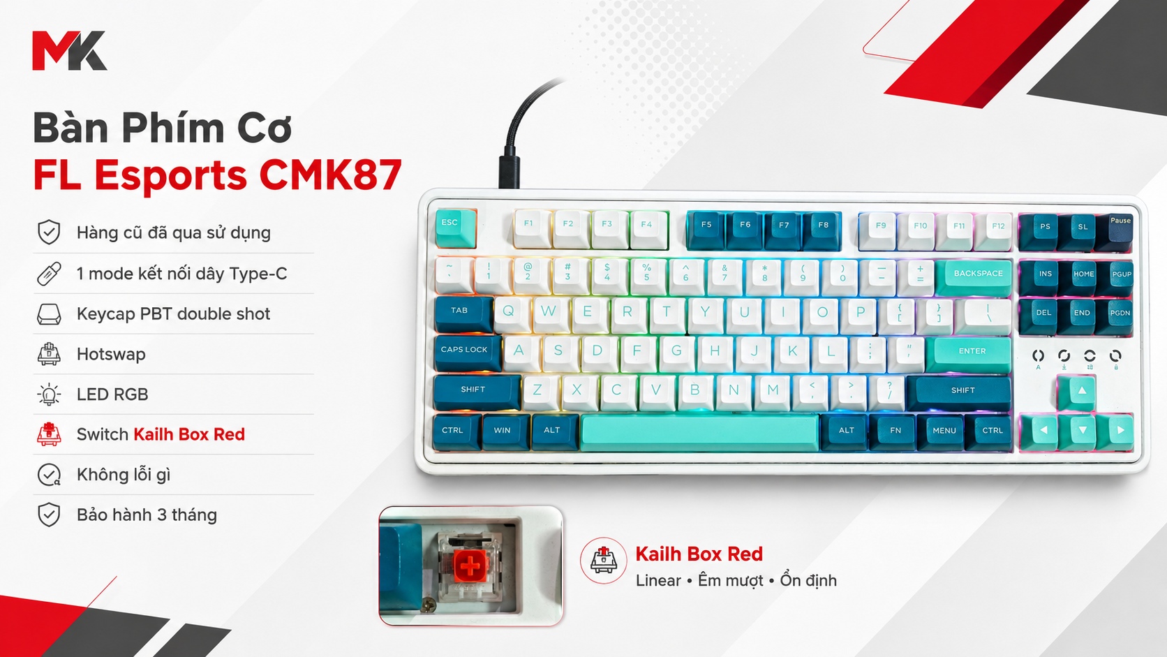 Bàn Phím Cơ FL Esports CMK87 (Cũ) - 1 Mode, Hotswap, Kailh Box Red | MKShop 1 Bàn phím cơ FL Esports CMK87 layout TKL với keycap trắng, xanh mint, navy và đèn RGB