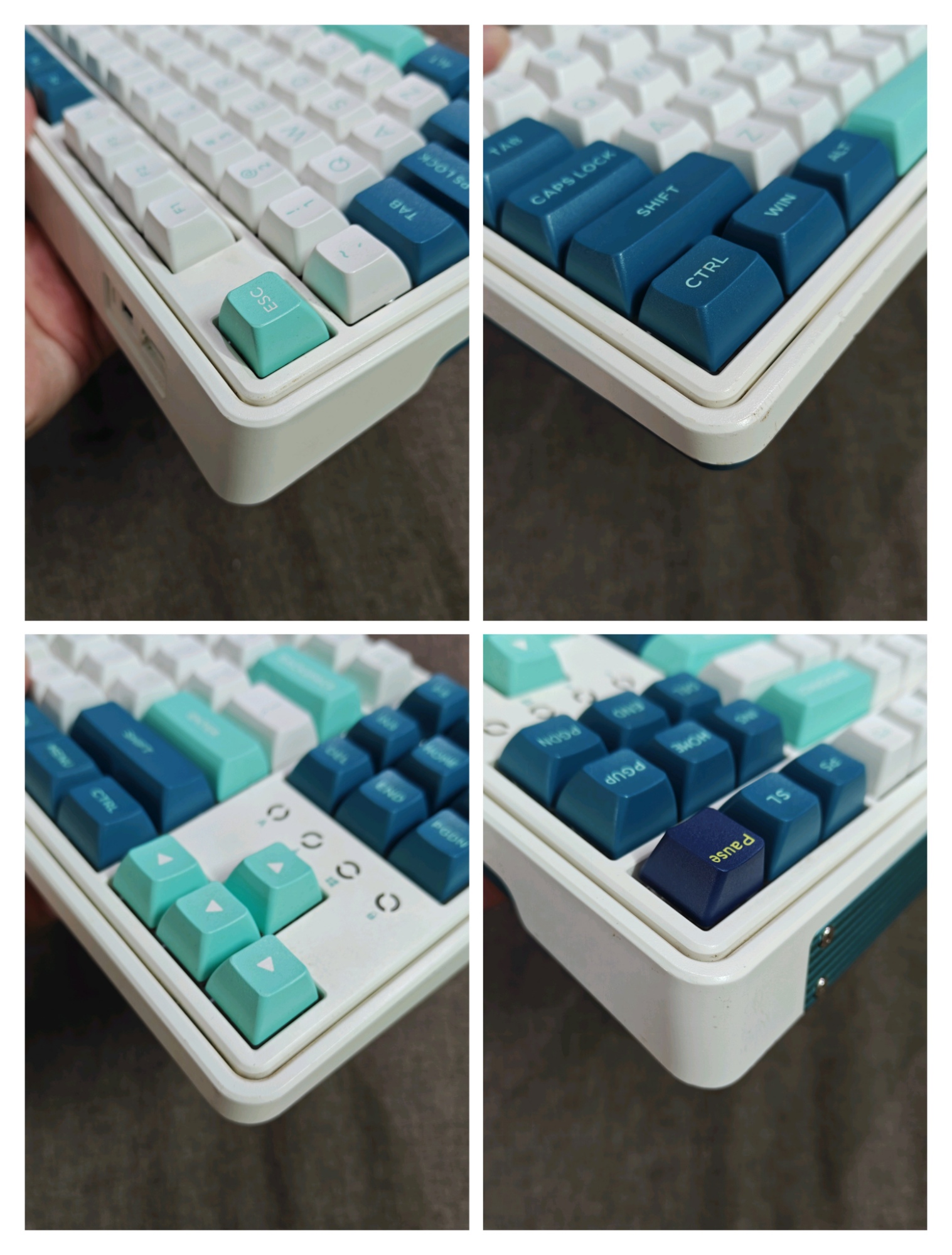 Bàn Phím Cơ FL Esports CMK87 (Cũ) - 1 Mode, Hotswap, Kailh Box Red | MKShop 5 Bốn ảnh cận cảnh góc bàn phím CMK87 với keycap ESC mint, cụm mũi tên và viền thân trắng