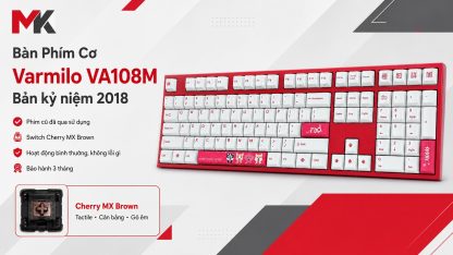Bàn phím cơ Varmilo VA108M bản kỷ niệm 2018 fullsize, viền đỏ keycap trắng, switch Cherry MX Brown.