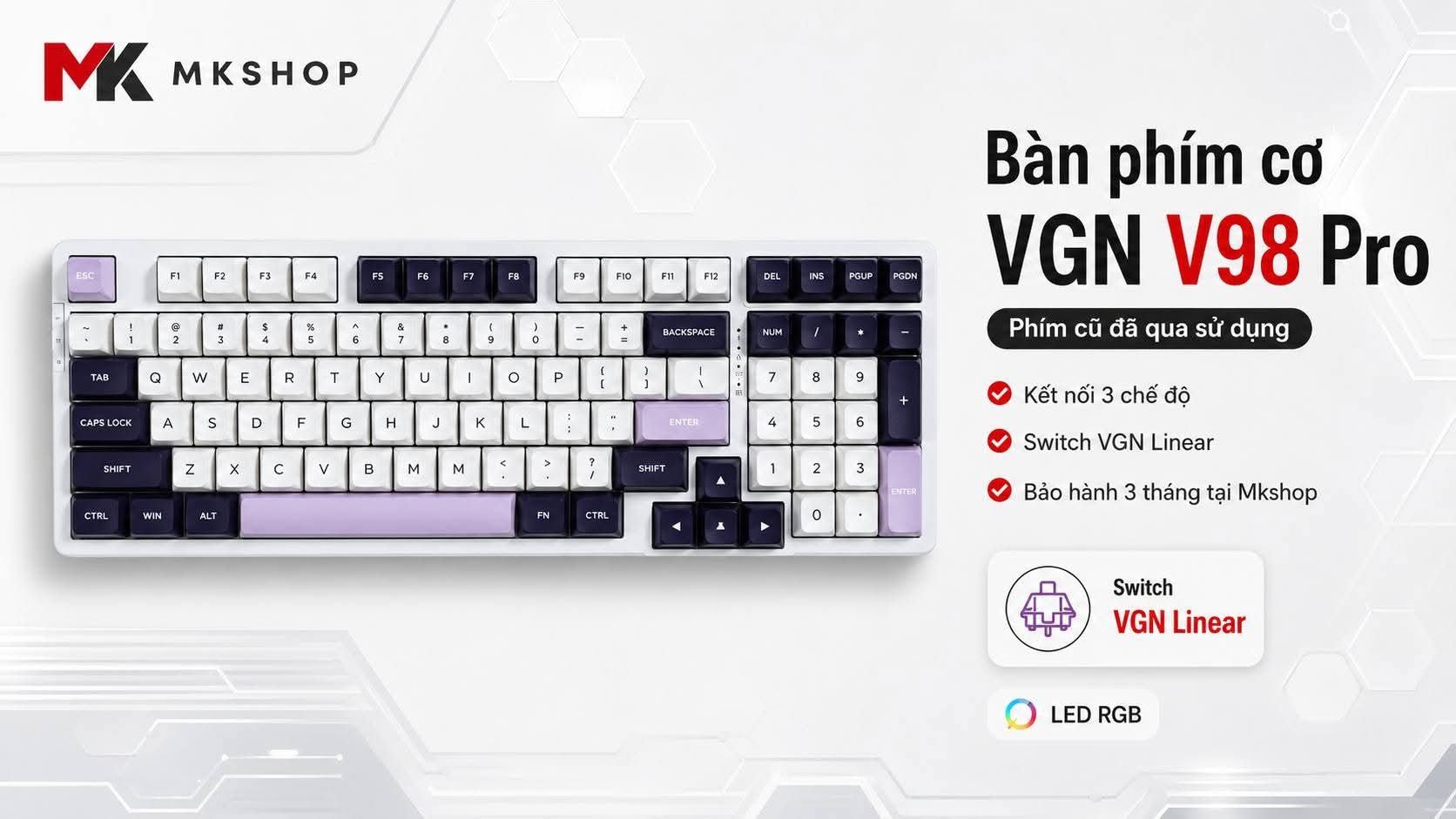 Bàn Phím Cơ VGN V98 Pro (Cũ) - Layout 98%, 3 Mode, Switch VGN Linear | MKShop 1 Bàn phím VGN V98 Pro bố cục 98% keycap trắng tím hồng trên banner MKShop