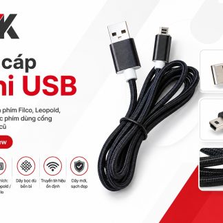 Dây cáp Mini USB bọc dù đen với hai đầu USB-A và Mini USB cuộn tròn, kèm ba ảnh phụ cận cảnh đầu cáp và lớp bện bên ngoài.