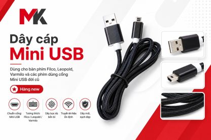 Dây cáp Mini USB bọc dù đen với hai đầu USB-A và Mini USB cuộn tròn, kèm ba ảnh phụ cận cảnh đầu cáp và lớp bện bên ngoài.