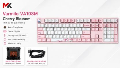 Bàn phím cơ Varmilo VA108M Cherry Blossom fullsize hồng phối trắng, kèm switch Cherry Brown và cáp mini USB.