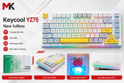 Bàn phím cơ Keycool YZ75 layout 75%, keycap trắng xám điểm vàng và LED viền RGB.