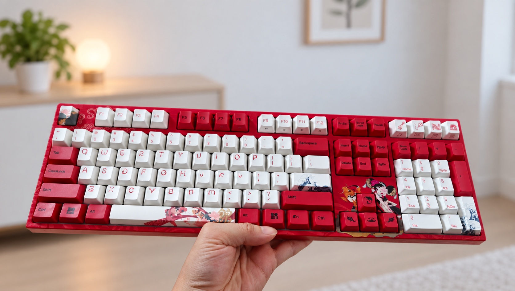 Bàn phím cơ Varmilo Koi VD108M-S 1 Bàn phím cơ Varmilo Koi VD108M-S fullsize màu đỏ trắng với keycap in tranh cá chép và nhân vật hoạt hình